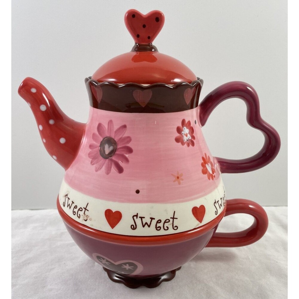 Certified International Red Heart Teapot Tea For One Floral Sweet Vintage